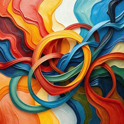 The primary subject of the image is a large, colorful painting featuring a variety of colors and patterns. The painting is displayed on a wall, creating a vibrant and lively atmosphere. The visual style of the painting is a mix of digital art and illustration, giving it a unique and artistic appearance. The dominant colors in the painting include red, yellow, blue, and green, creating a sense of warmth and energy. Overall, the painting is a captivating and eye-catching piece of art.